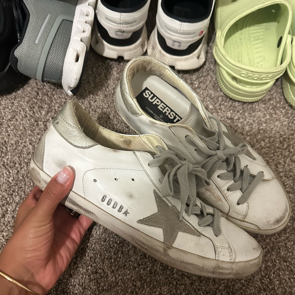 Golden Goose White and Silver Sneakers